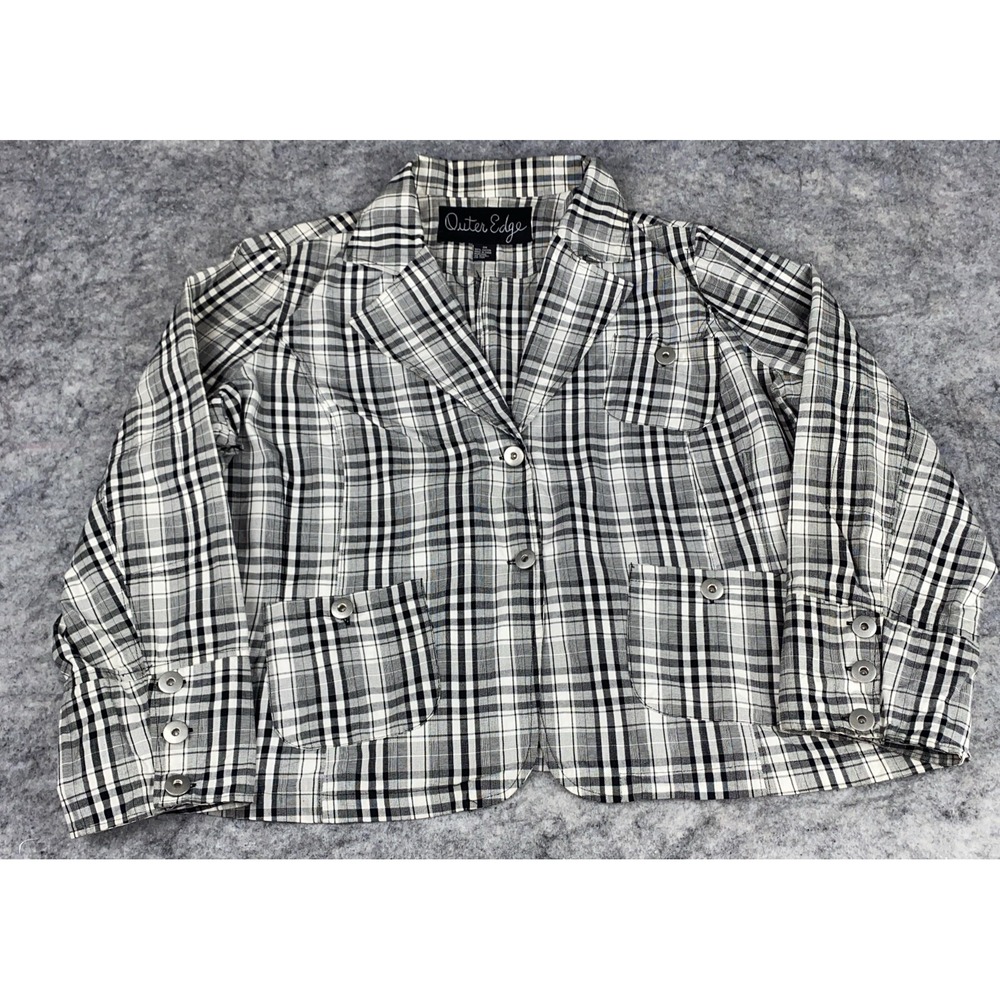 2 Outer Edge Women's Shirt Plus Size 3X Plaid Red Black White Button Up Pockets - Picture 2 of 10